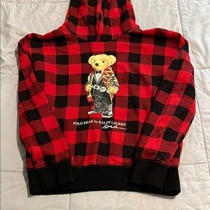 Girls Ralph Lauren Red Plaid Hoodie with Bear Graphic Size 12/14